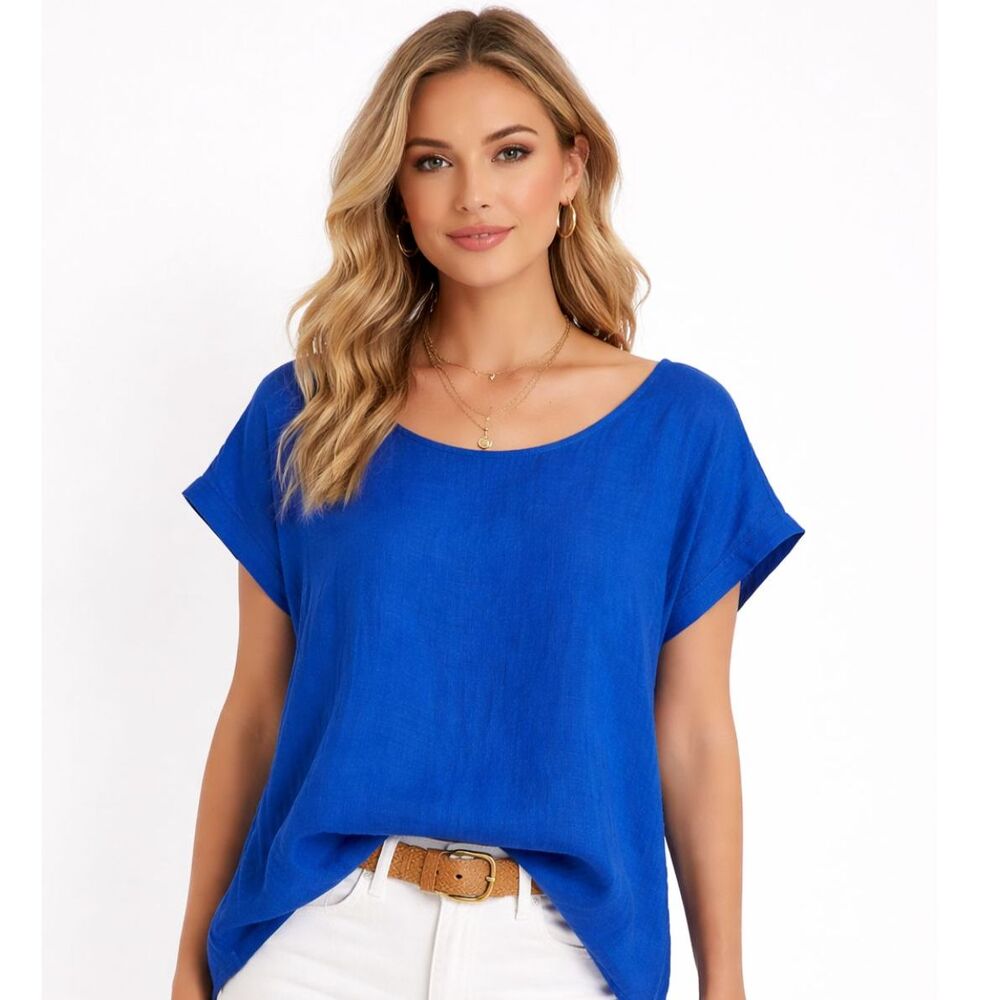 Terzo Millennio Blouse Women Sz M Blue 100% Linen Casual Minimalist